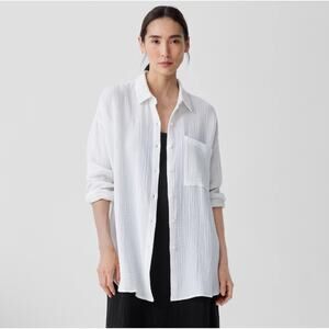 NEW Eileen Fisher Petite Medium Organic Cotton Gauze ButtonDown Shirt White Poet